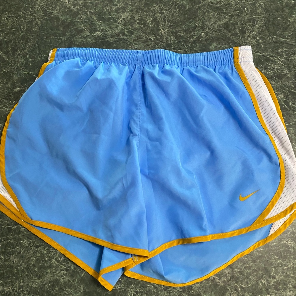 Blue Athletic Shorts with Yellow Trim